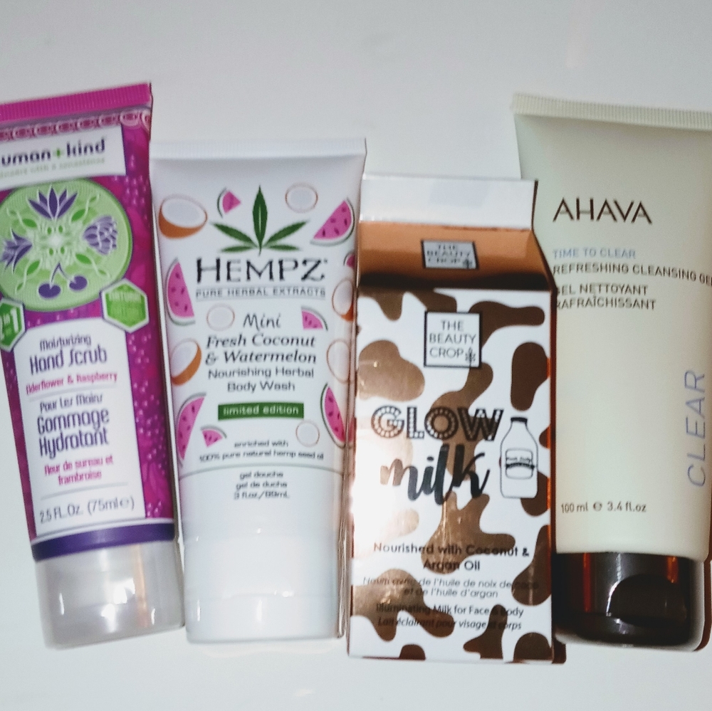 Humanandkind handscrub,hempz bodywash,ahava time to clear cleansing gel,glowmilk